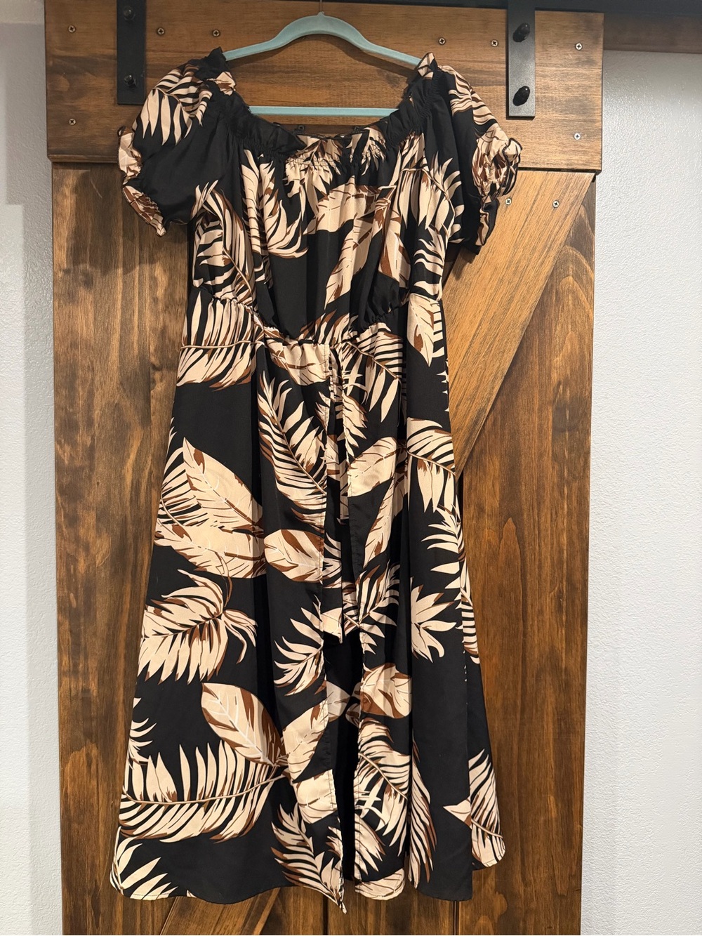 Women’s Black Tropical Print Dress/Romper- Beige Leaf Pattern